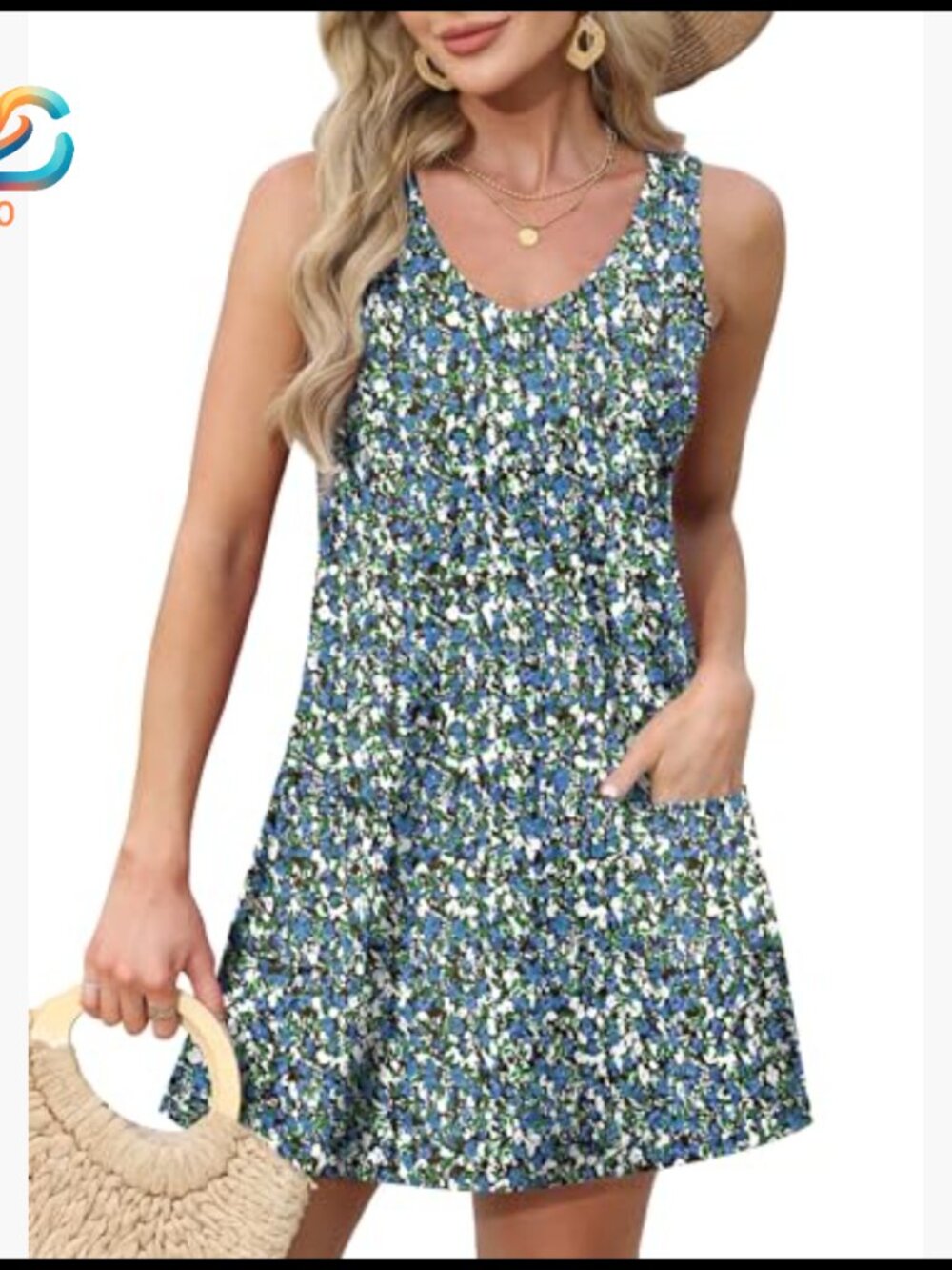 Loose V-Neck Sleeveless Sundress with Pockets, OEKO-TEX Certified - Picture 2 of 7